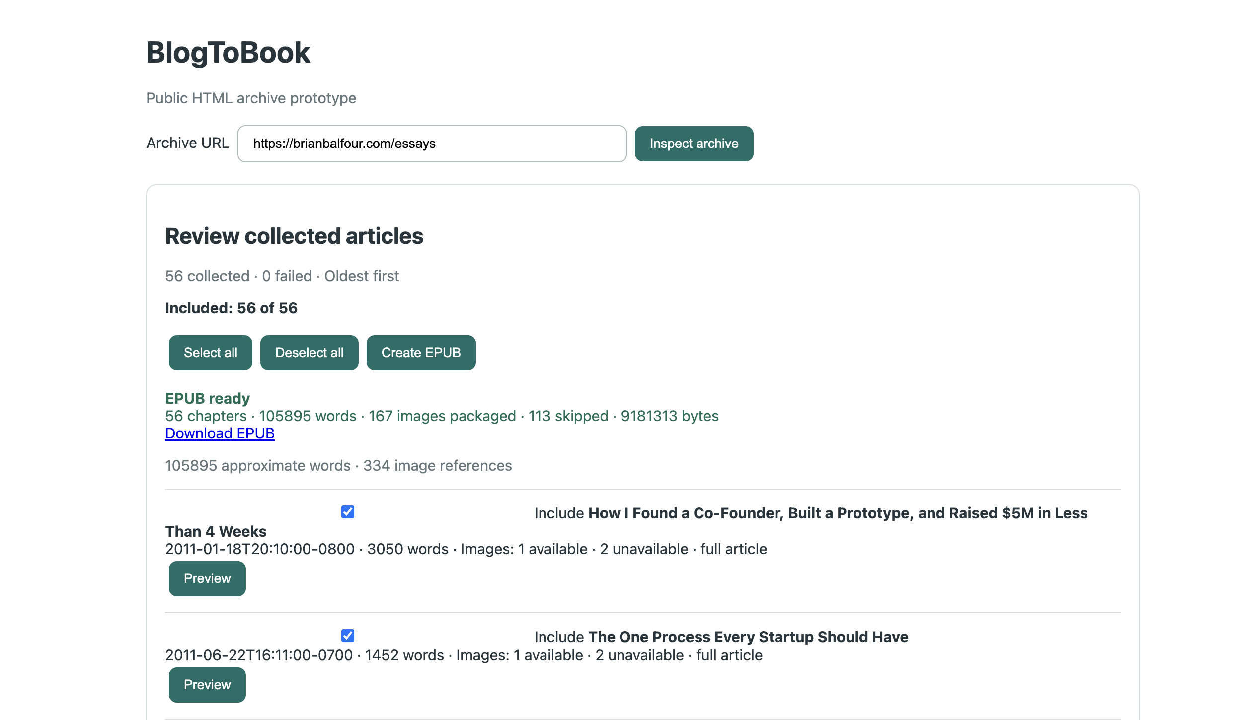 Completed BlogToBook Review screen showing 56 collected articles and an EPUB ready to download.